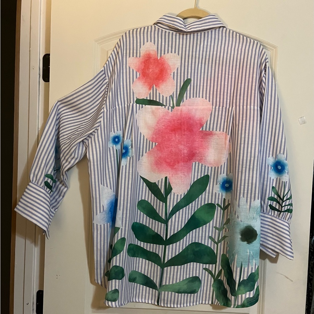 Yolly Striped Floral Button-Up Blouse - Pink & Blue - Picture 9 of 14